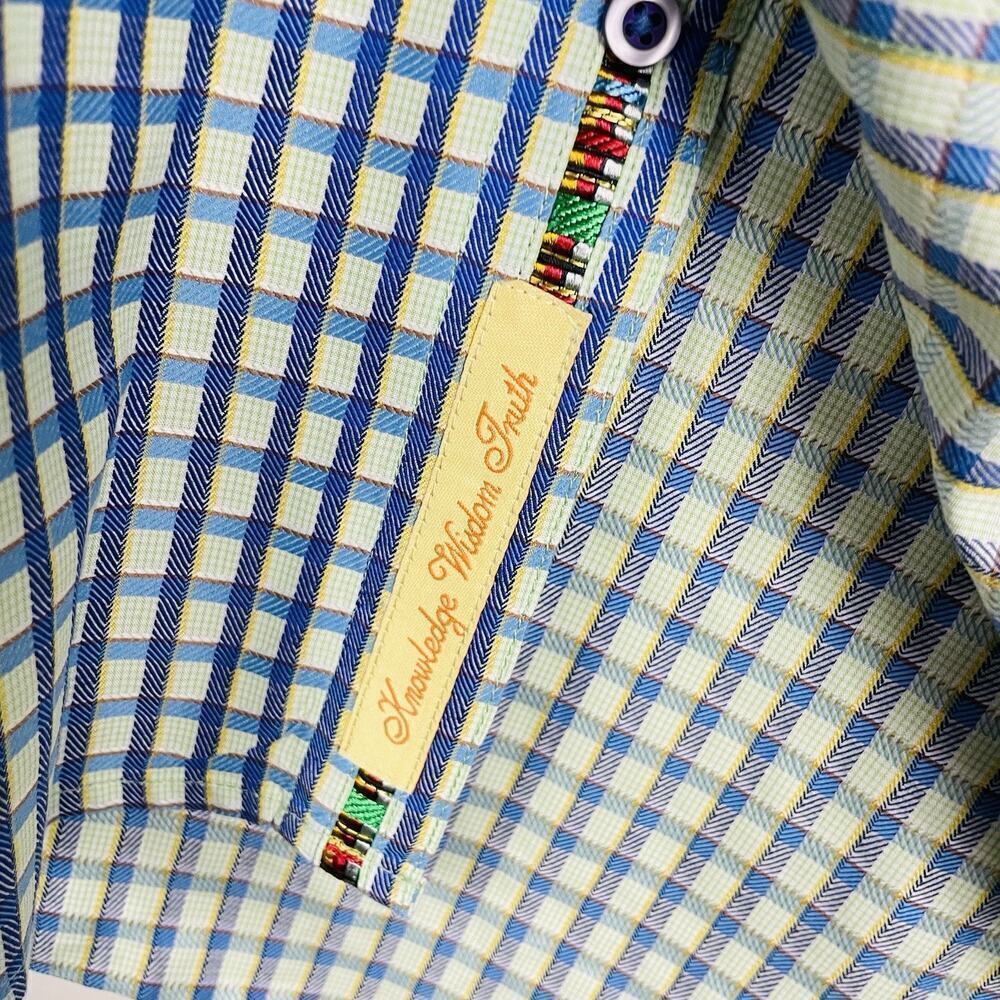 Robert Graham Flip Cuff Shirt Size Medium Blue Plaid Classic Colorful Preppy - Picture 11 of 14